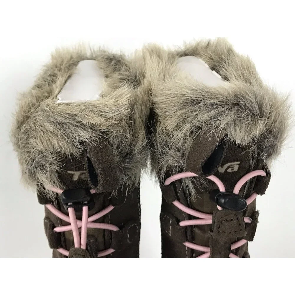 Teva Girls Lenawee Boots Toddlet Size‎ 10 Tall Faux Fur Plaid Lace Up Brown Pink